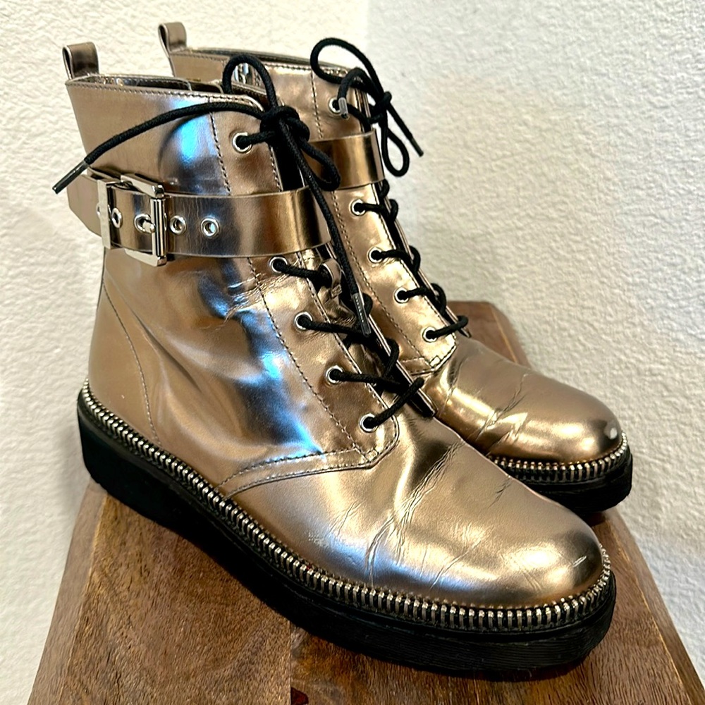 Michael Kors Vivia Nickle Metallic Bootie - Lace Leather Combat Boot Size 81/2M